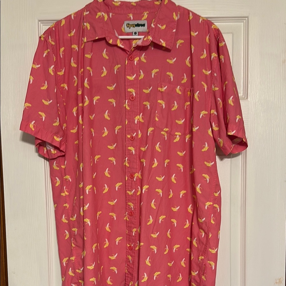 Tipsy Elves Pink and Yellow banana Casual Button Down Shirt size XL